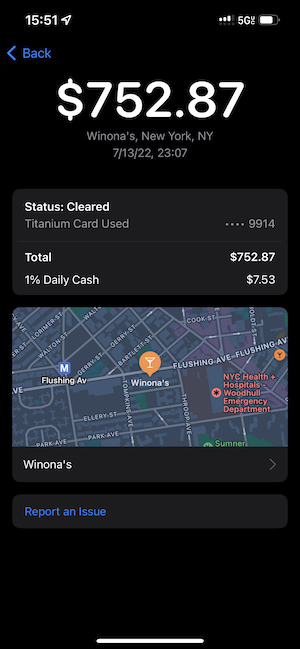 Receipt from dinner showing the total of $752.87 