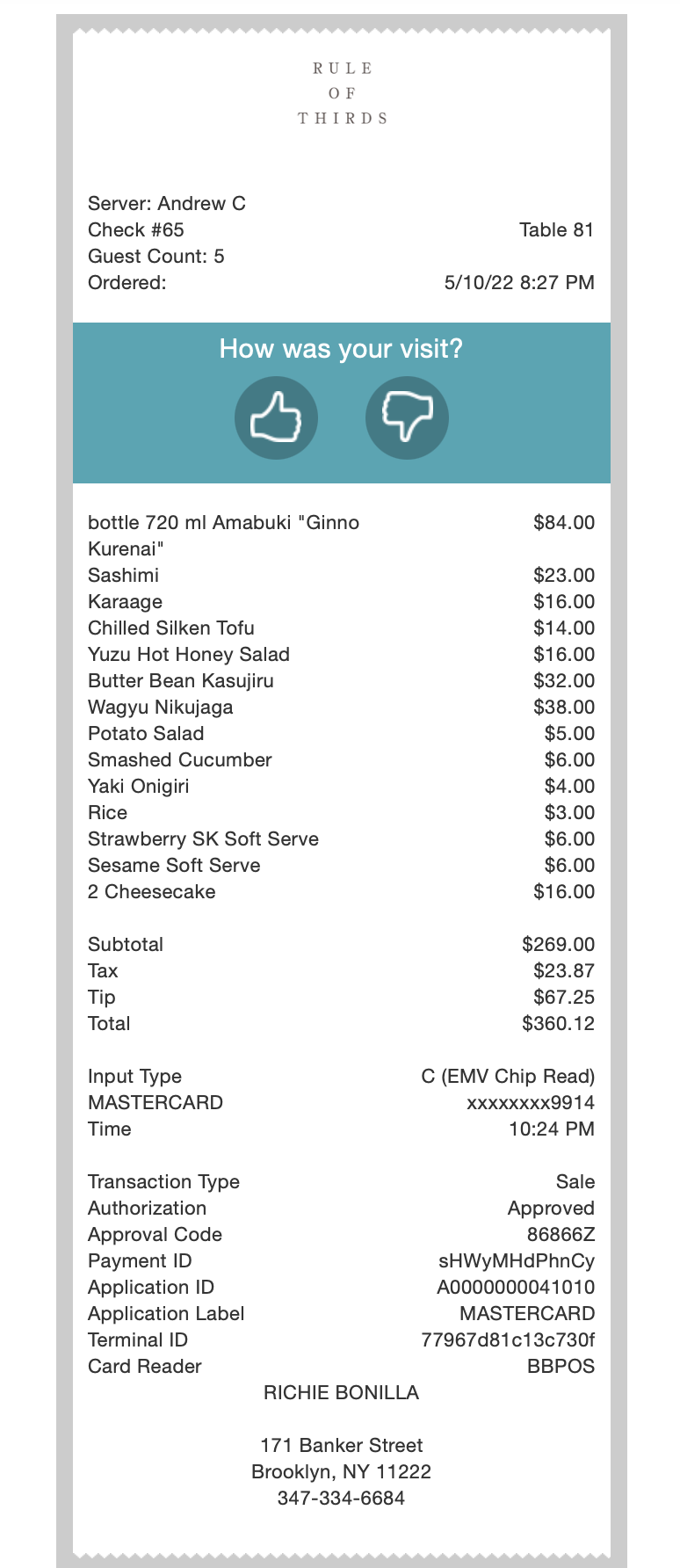 Receipt from dinner showing the total of $360.12 
